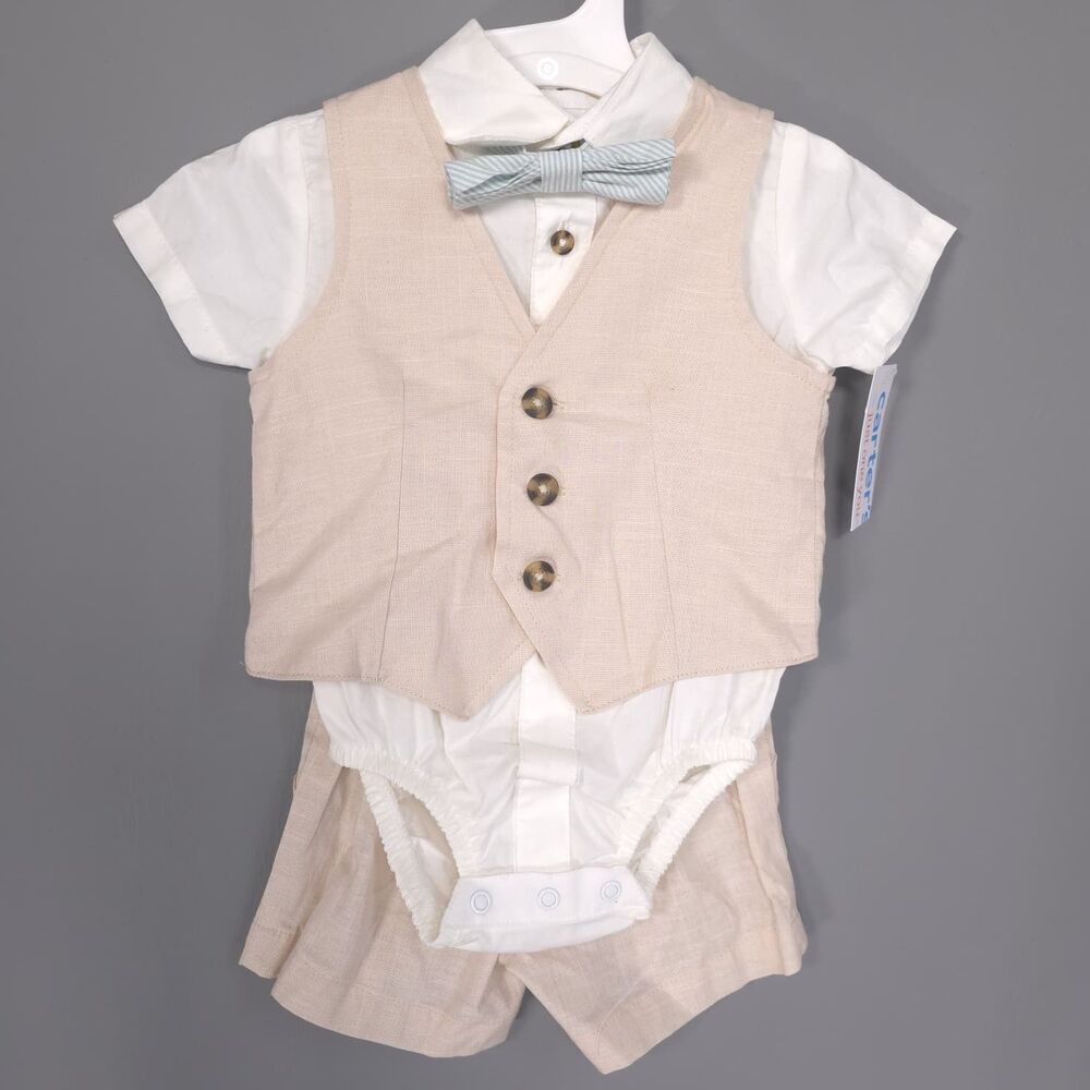 CARTERS Baby Boys New 4 Pc Outfit Set Vest Shorts Romper 6M Beige & White